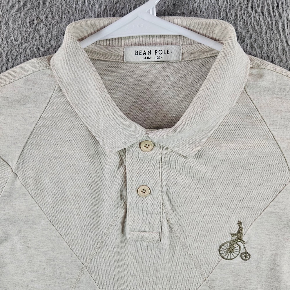 Bean Pole Mens Slim Fit Polo Shirt Beige Short Sleeve Bicycle Logo Size 100 L